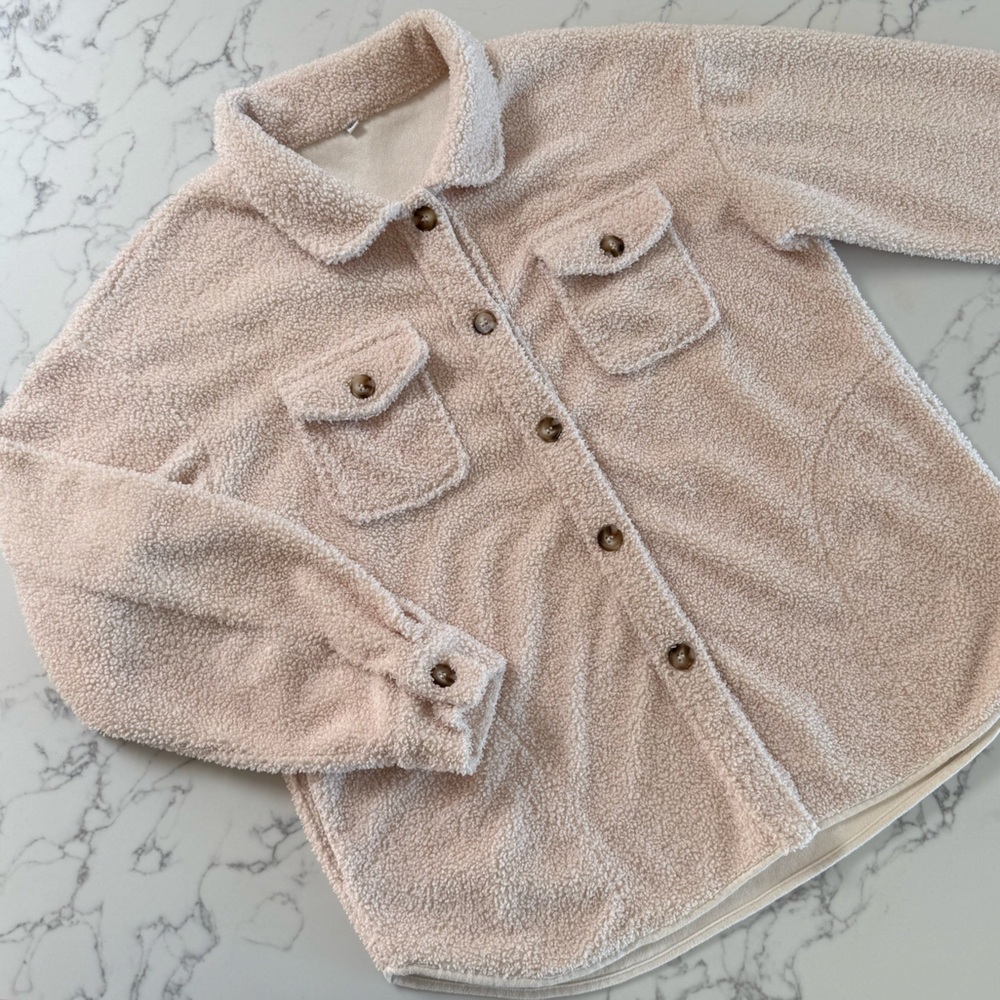 Sherpa Fleece Button-Down Shacket - Cream - Size XL